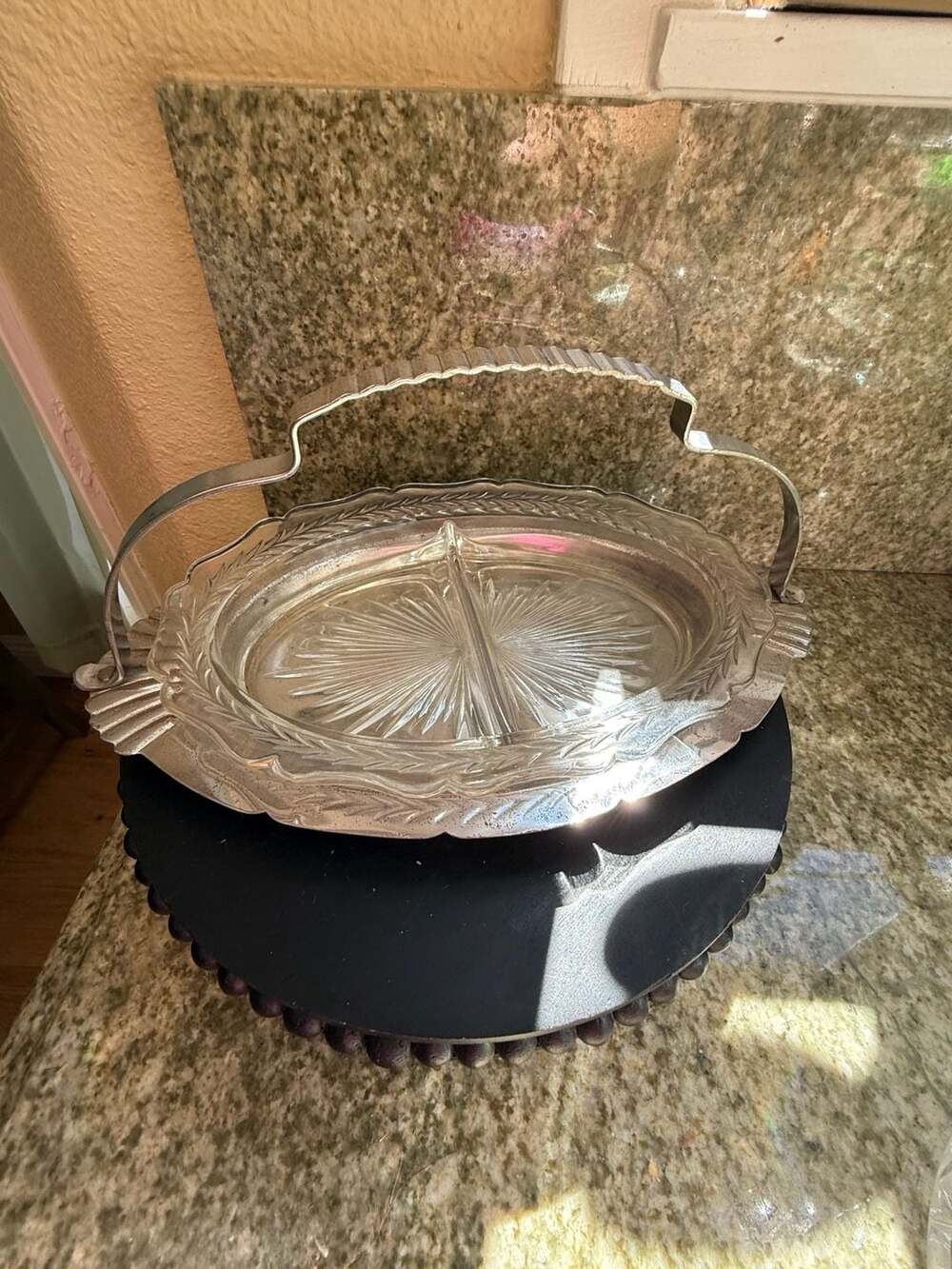 Vintage Jeanette Glass Divided Candy Dish with Metal Handle and Frame